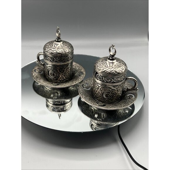 2 Coffee Cup Saucer Sets Silver Color Porcelain Insert Mug Ottoman Turkish - Picture 9 of 12